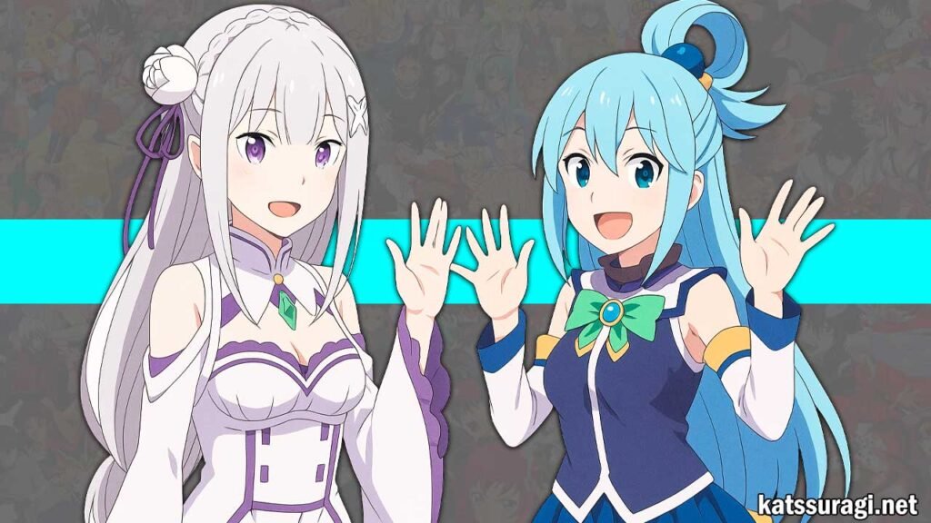 Imágen de aqua de konosuba y emilia de re:zero para la portada del artículo de los mejores animes isekai de toda la historia