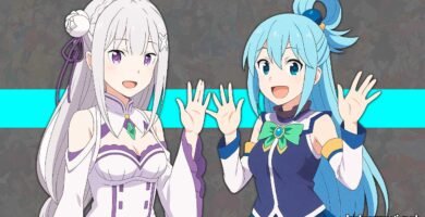 Imágen de aqua de konosuba y emilia de re:zero para la portada del artículo de los mejores animes isekai de toda la historia