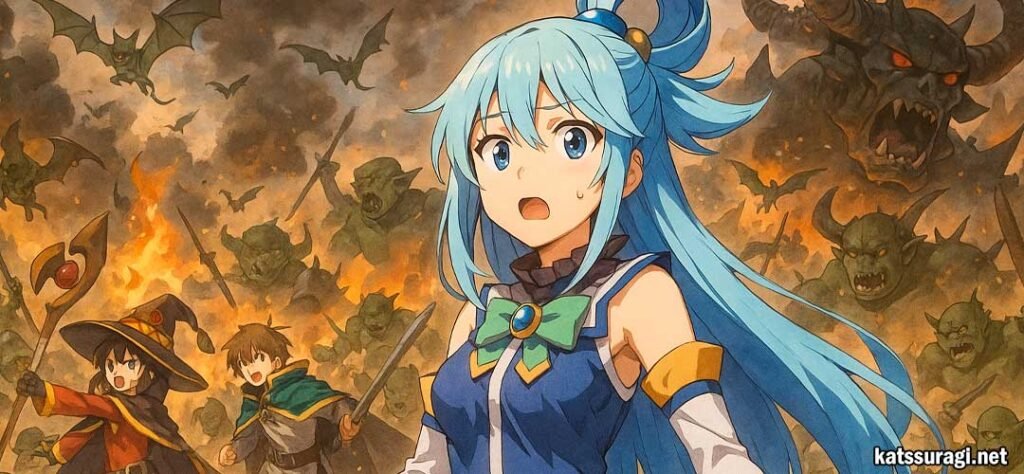imágen de aqua y sus amigos, personajes del anime isekai konosuba